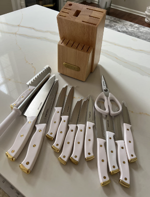 15-Piece Triple Riveted Knife Block Set, High Carbon-Stainless Steel Kitchen Knives, White and Gold
