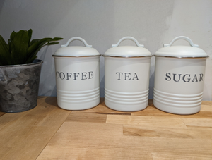 White Vintage Canister Sets for Kitchen Counter, Rustic Farmhouse Decor, Coffee Tea Sugar Set