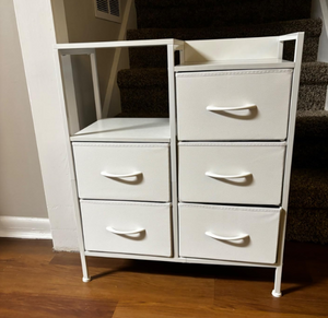 Small Chest of Drawers with 2-Tier Open Shelf and 5 Fabric Drawers, White