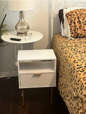 Mid-Century Modern Bedside Table with Storage Drawer and Open Wood Shelf, White