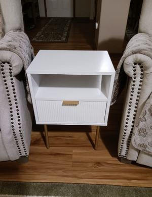Mid-Century Modern Bedside Table with Storage Drawer and Open Wood Shelf, White